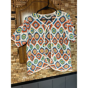 VTG Fiorlini International Womens Crochet Cardigan Size XL Granny Square Cottage